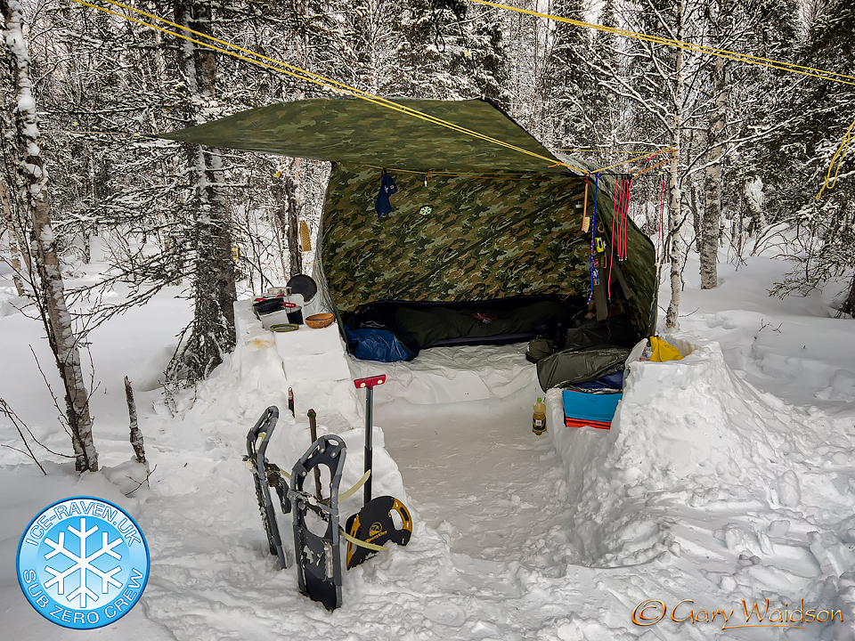 The Wayland Snow Shed fully set up - Ice Raven - Sub Zero Adventure - Copyright Gary Waidson, All rights reserved.